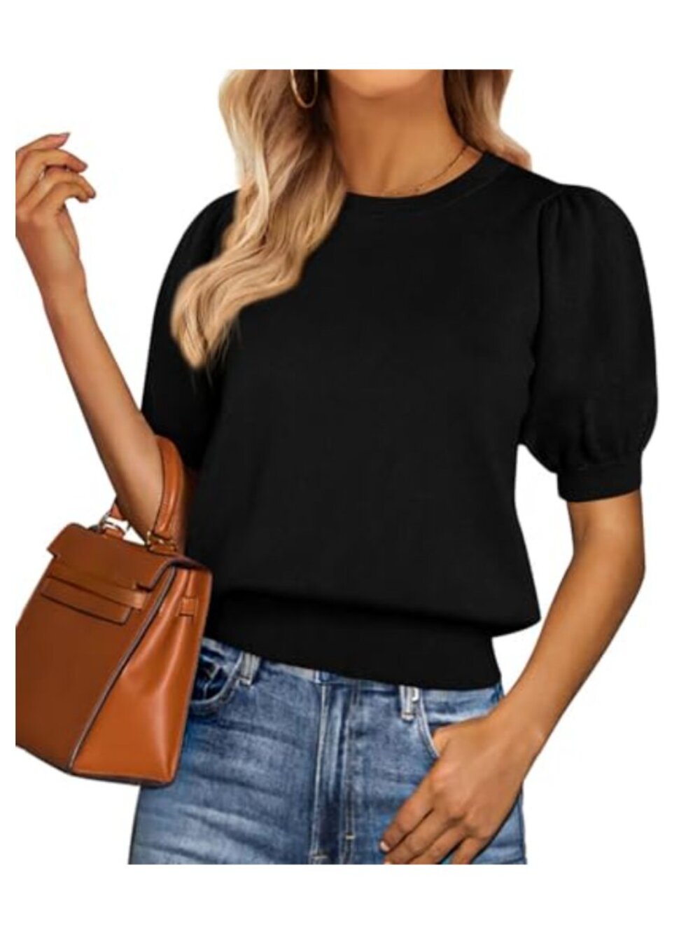 Womens Puff Short Sleeve Sweater Crewneck Knit Work Blouse